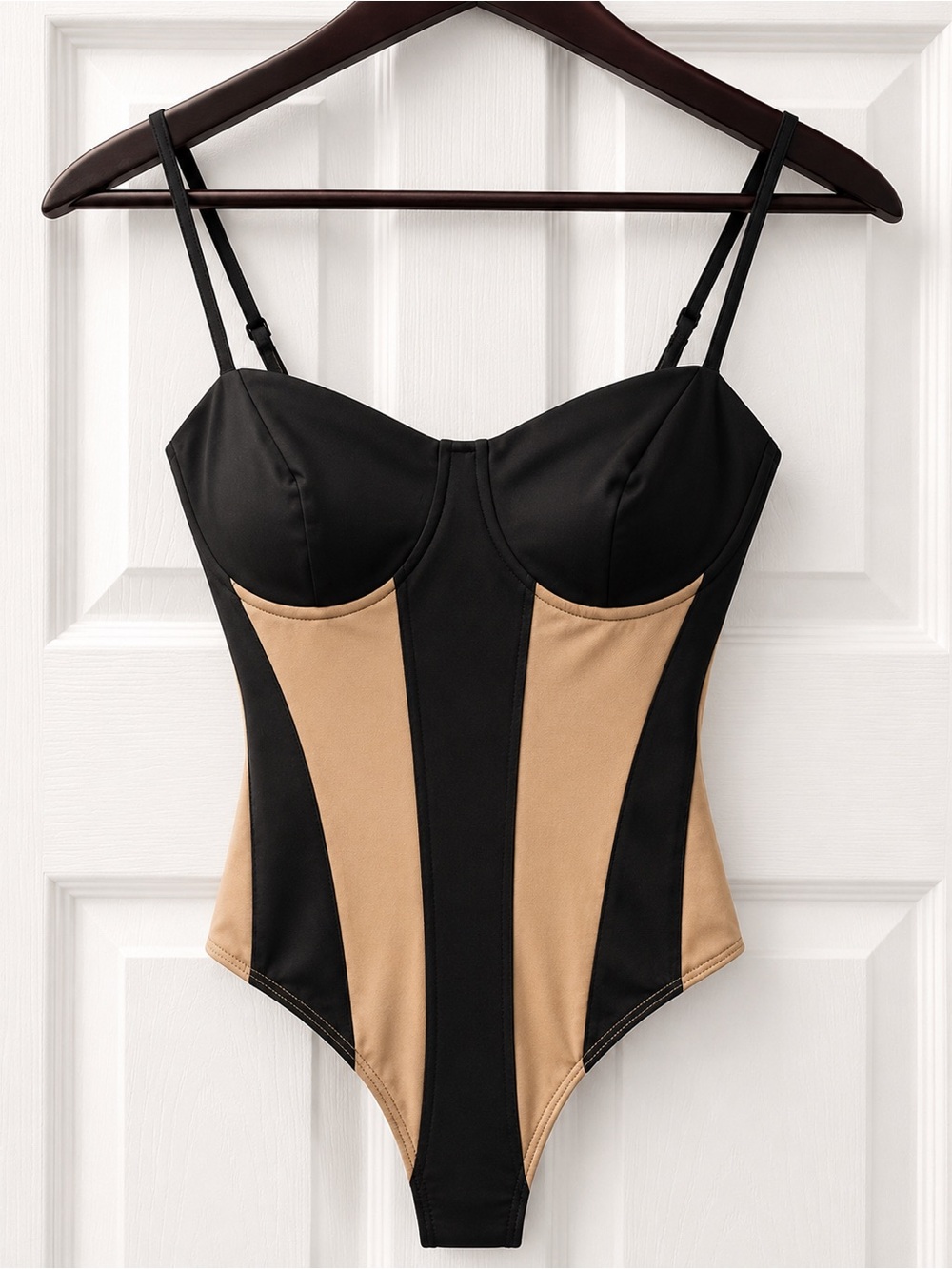 Windsor Black and Beige Colorblock Bustier Bodysuit